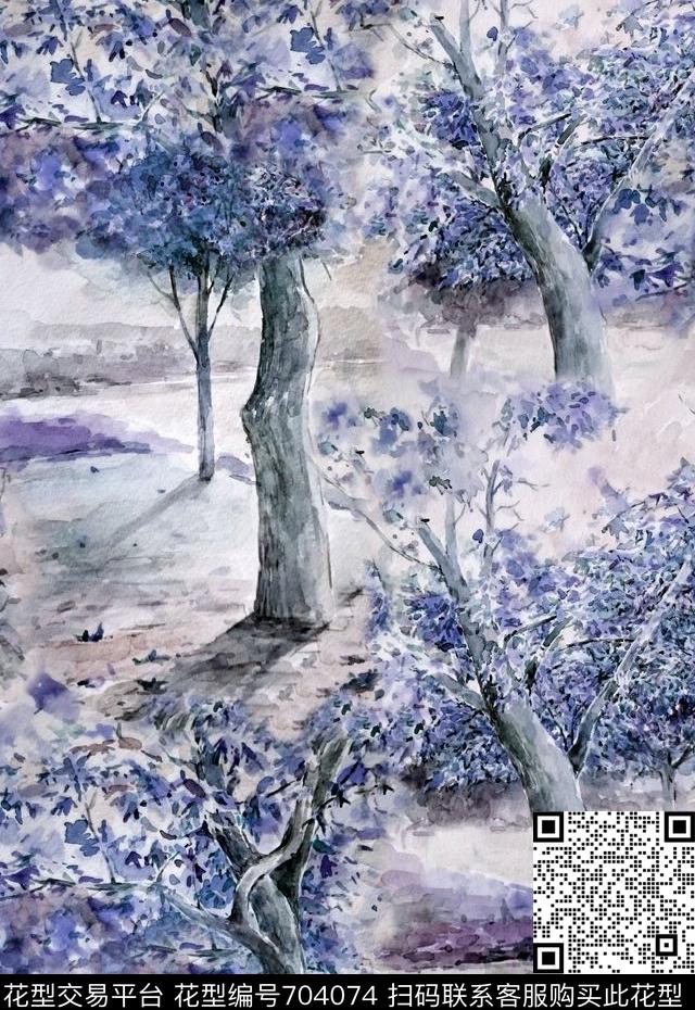 水墨水彩树数码印花华亿平台下载（图片编号: 704074） - 瓦栏（Walan）