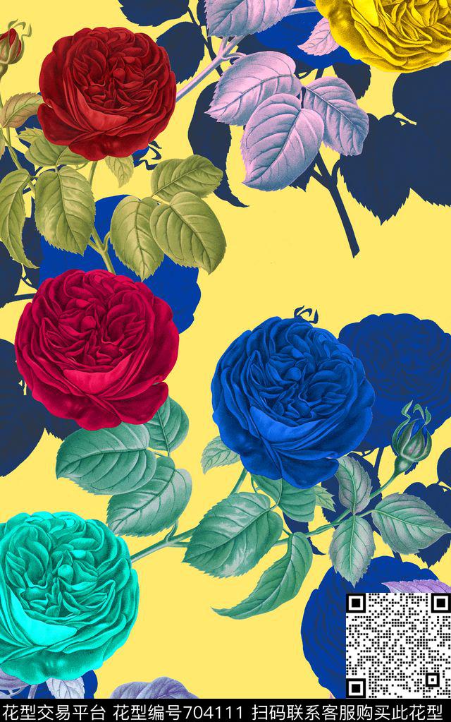 MAX-女装花卉手绘复古玫瑰花卉幻彩底纹数码印花华亿平台下载（图片编号: 704111） - 瓦栏（Walan）