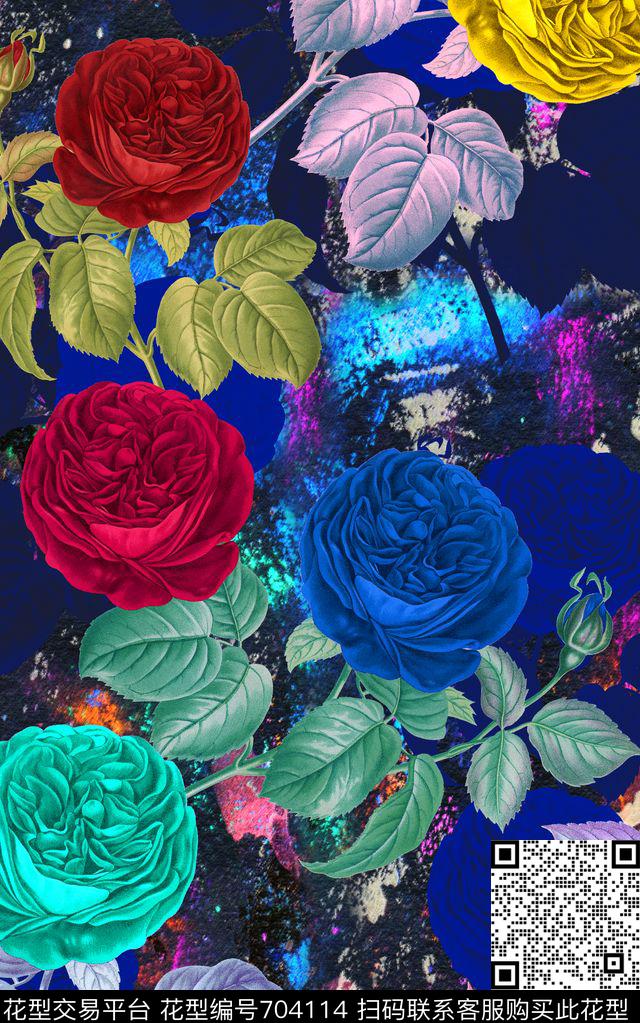 MAX-女装花卉手绘复古玫瑰花卉幻彩底纹数码印花华亿平台下载（图片编号: 704114） - 瓦栏（Walan）
