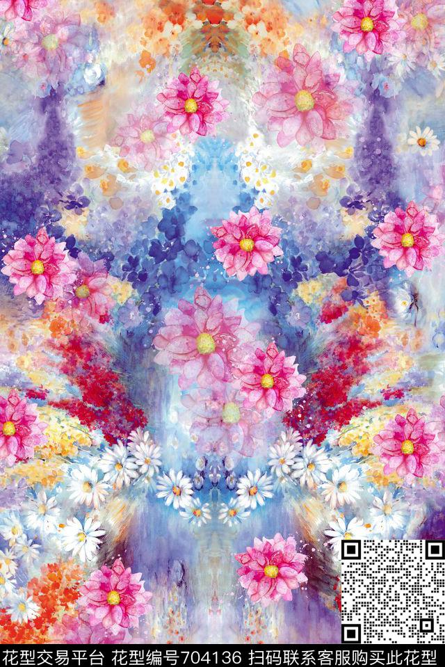 花卉水彩抽象数码印花华亿平台下载（图片编号: 704136） - 瓦栏（Walan）