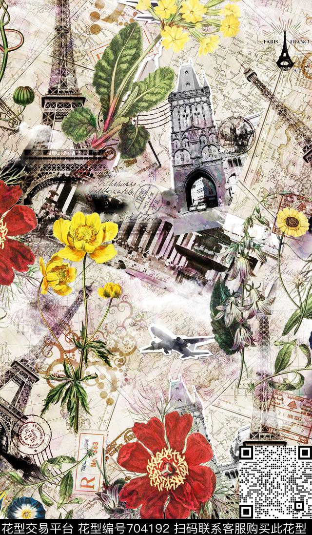 建筑花卉邮票数码印花华亿平台下载（图片编号: 704192） - 瓦栏（Walan）