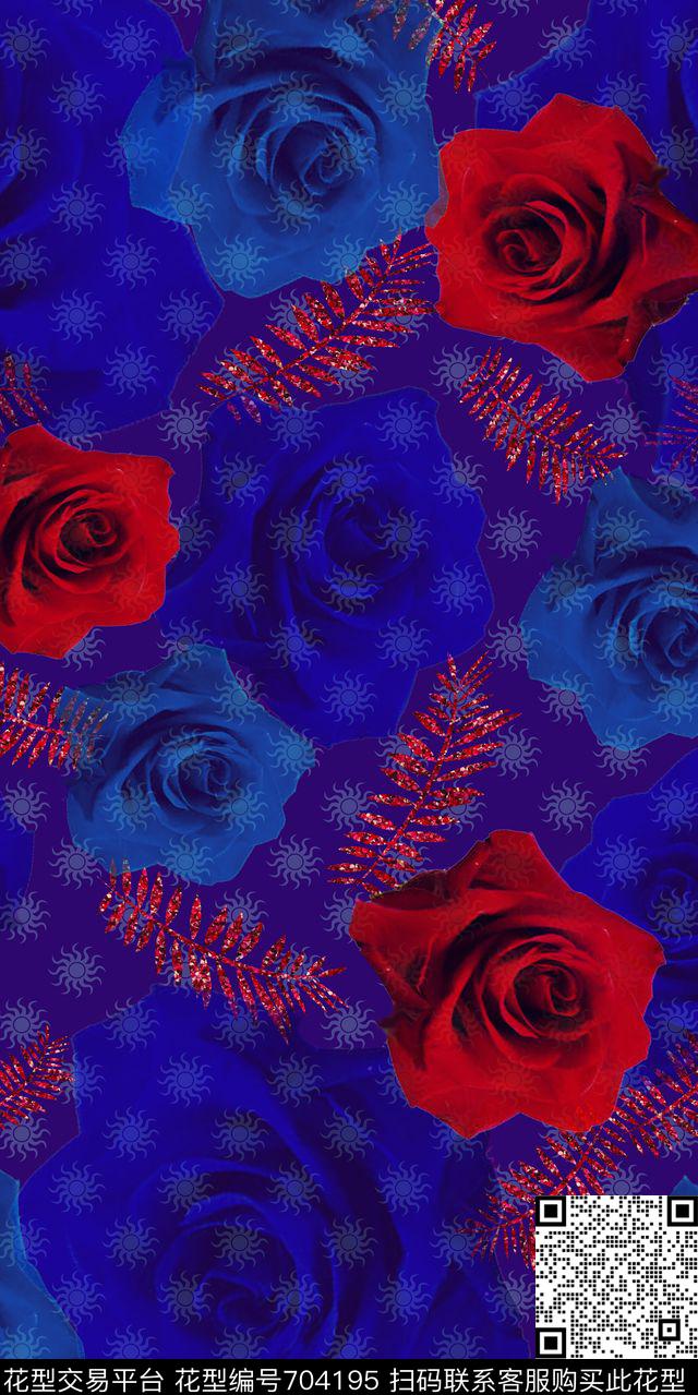 玫瑰叶子红蓝数码印花华亿平台下载（图片编号: 704195） - 瓦栏（Walan）