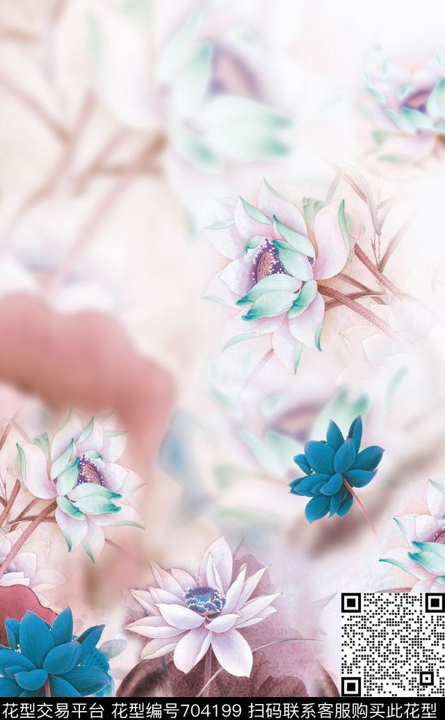 国画荷花旗袍荷花数码印花华亿平台下载（图片编号: 704199） - 瓦栏（Walan）