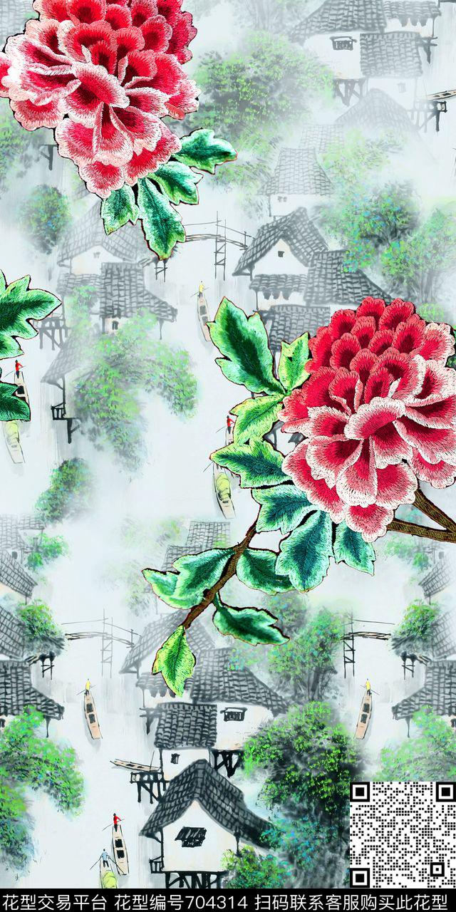 中国风刺绣花卉数码印花华亿平台下载（图片编号: 704314） - 瓦栏（Walan）
