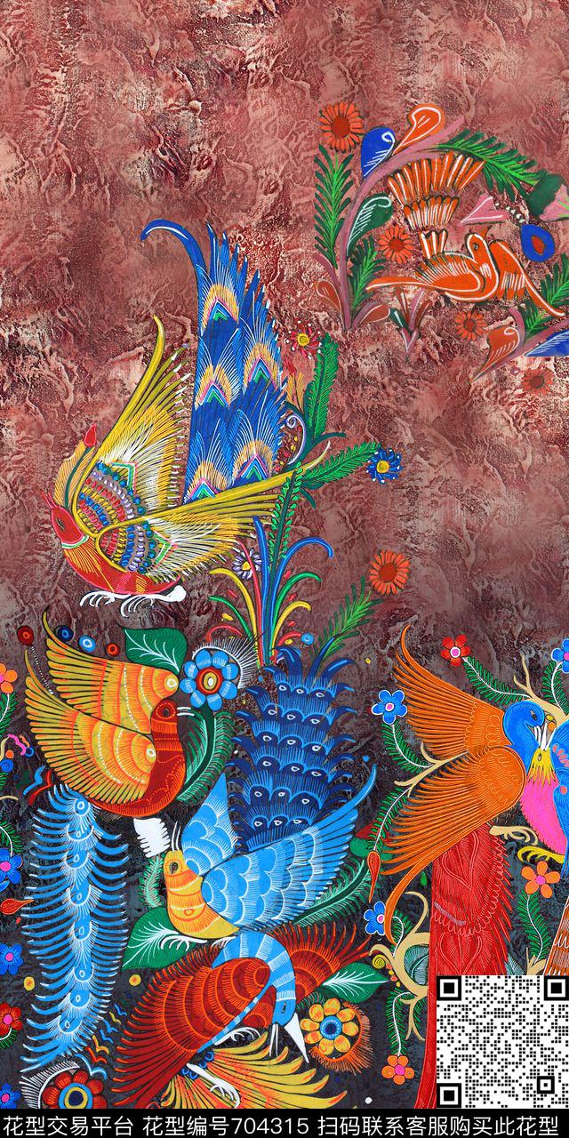 孔雀花卉肌理数码印花华亿平台下载（图片编号: 704315） - 瓦栏（Walan）