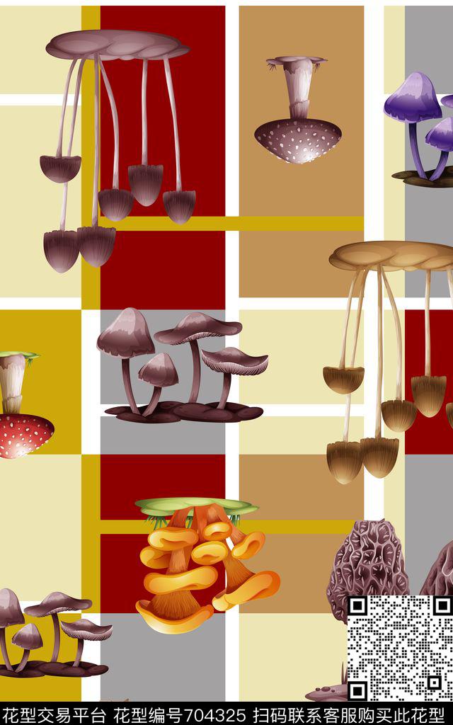 格子蘑菇几何数码印花华亿平台下载（图片编号: 704325） - 瓦栏（Walan）