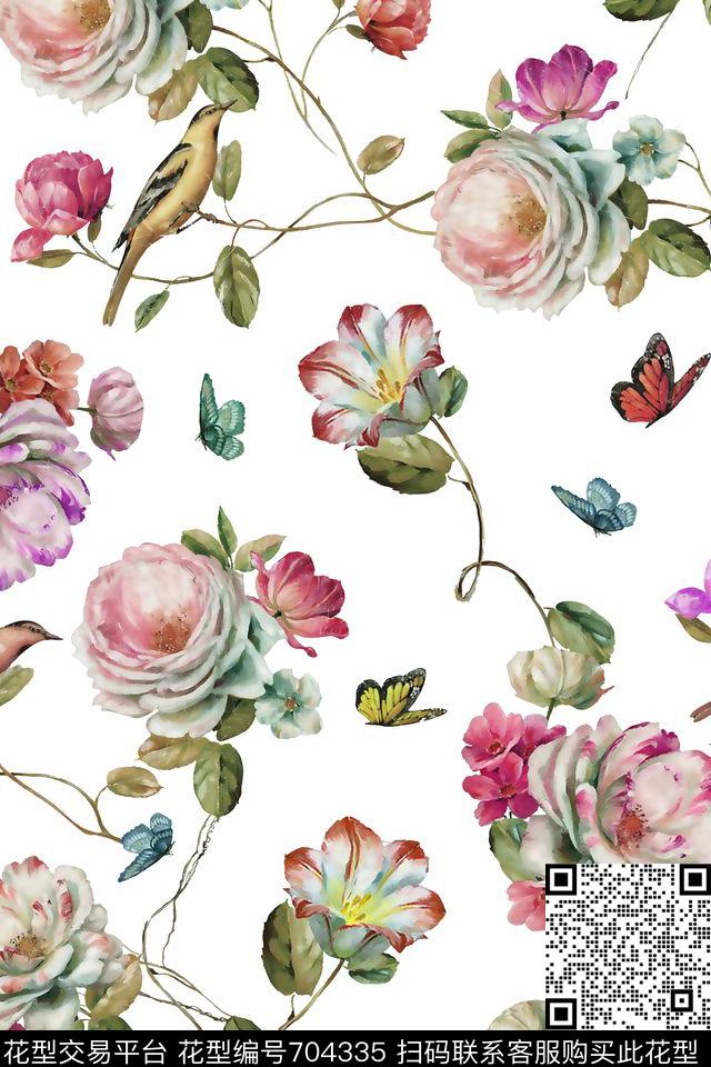 花朵花卉蝴蝶数码印花华亿平台下载（图片编号: 704335） - 瓦栏（Walan）