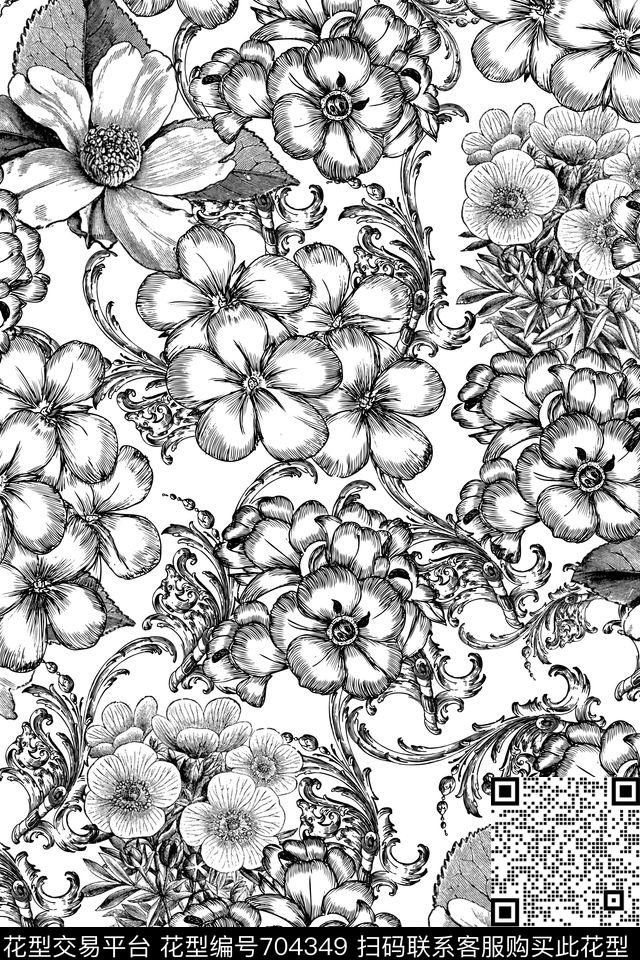 Lithographblueflowers数码印花华亿平台下载（图片编号: 704349） - 瓦栏（Walan）