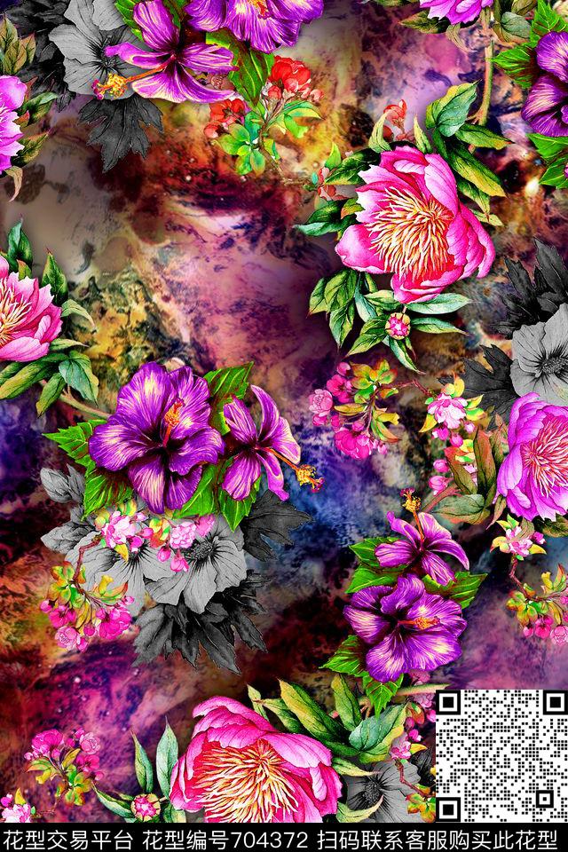 大花牡丹油画花卉数码印花华亿平台下载（图片编号: 704372） - 瓦栏（Walan）