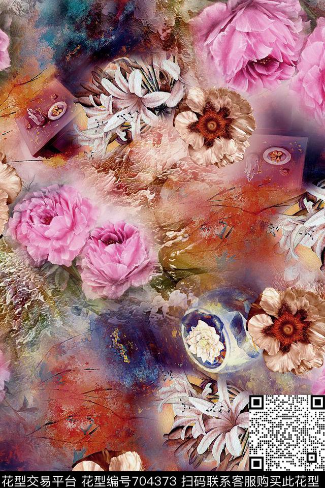 牡丹油画花卉大花数码印花华亿平台下载（图片编号: 704373） - 瓦栏（Walan）