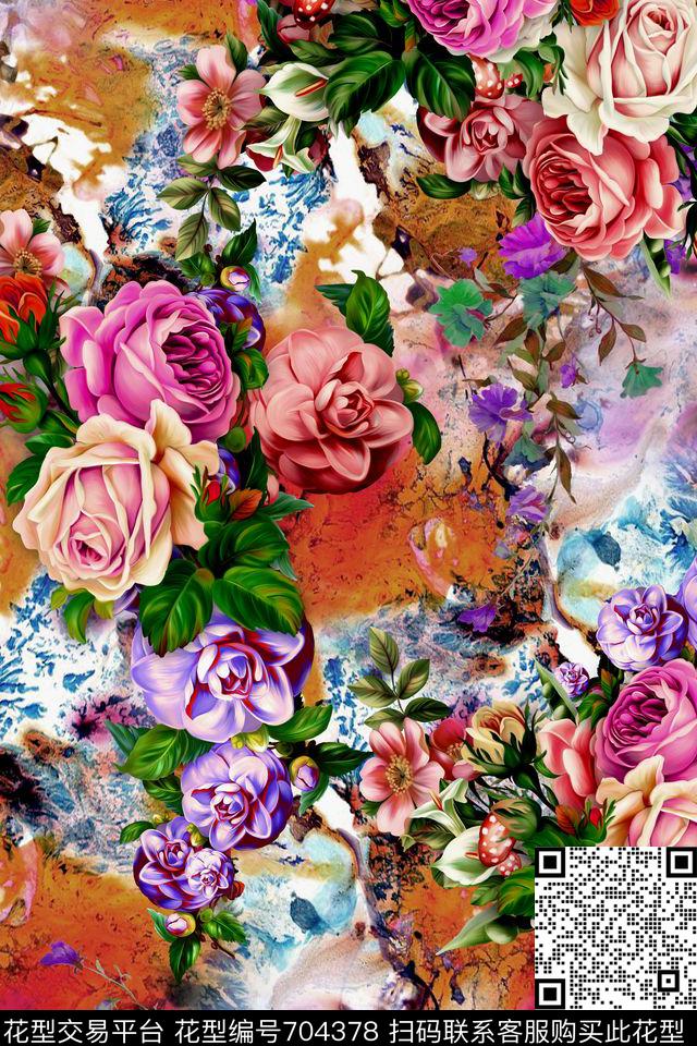 牡丹大花油画花卉数码印花华亿平台下载（图片编号: 704378） - 瓦栏（Walan）