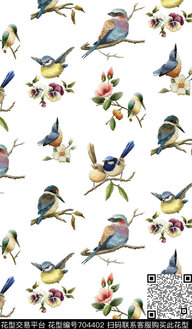 刺绣花鸟鸟复古数码印花华亿平台下载（图片编号: 704402） - 瓦栏（Walan）