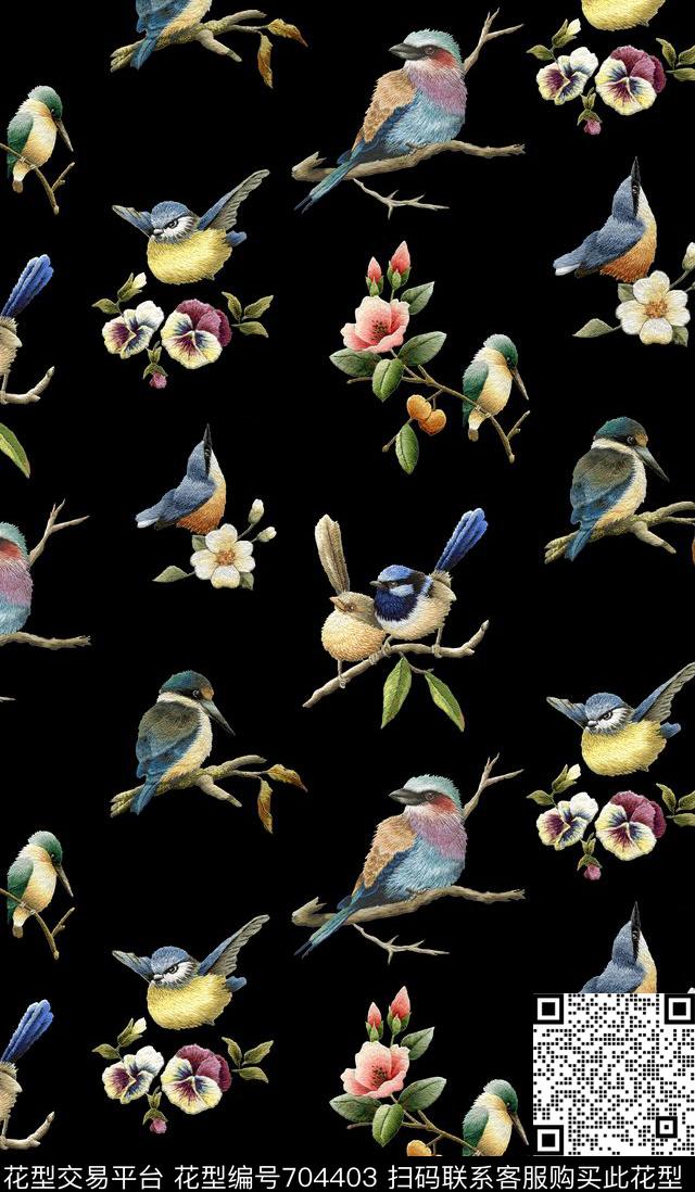 刺绣花鸟鸟复古数码印花华亿平台下载（图片编号: 704403） - 瓦栏（Walan）