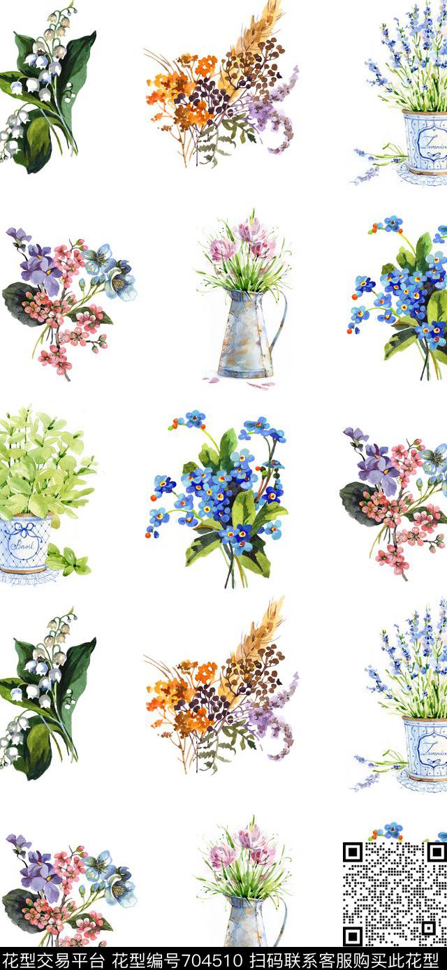蓝色花朵玫瑰花卉数码印花华亿平台下载（图片编号: 704510） - 瓦栏（Walan）