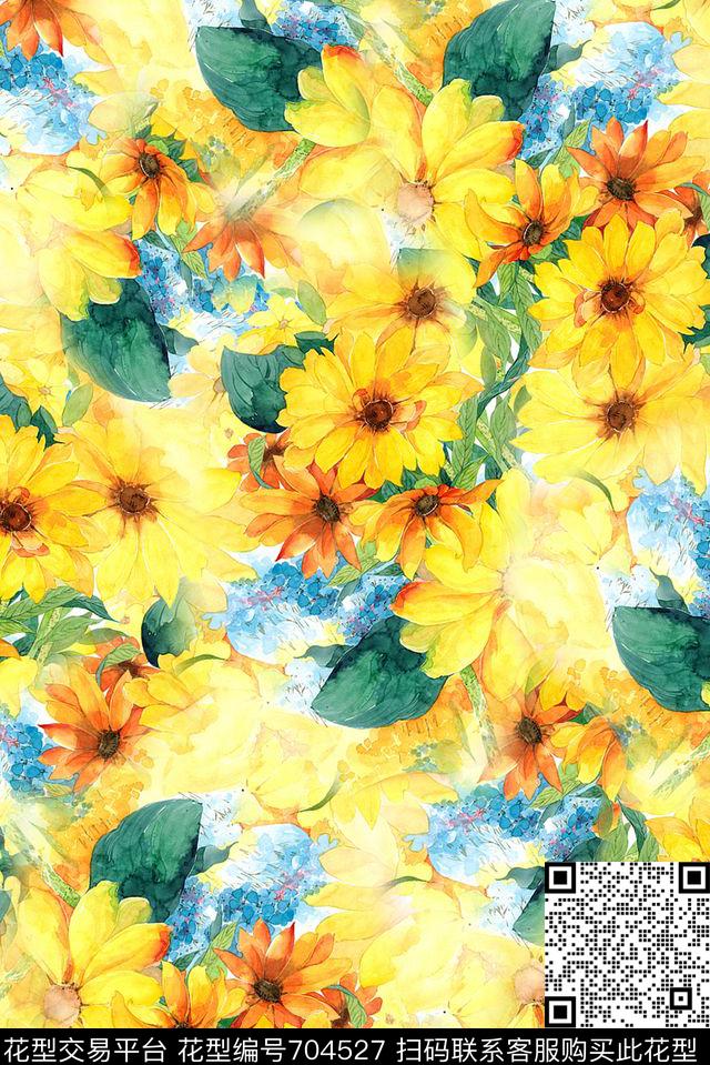 手绘水彩画花卉数码印花时尚潮流女装裙子清爽印花抽象泳装柔和系列印花数码印花华亿平台下载（图片编号: 704527） - 瓦栏（Walan）