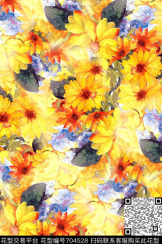 手绘水彩画花卉数码印花时尚潮流女装裙子清爽印花抽象泳装柔和系列印花数码印花华亿平台下载（图片编号: 704528） - 瓦栏（Walan）