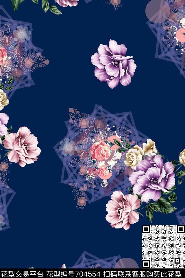 休闲风花卉几何数码印花华亿平台下载（图片编号: 704554） - 瓦栏（Walan）