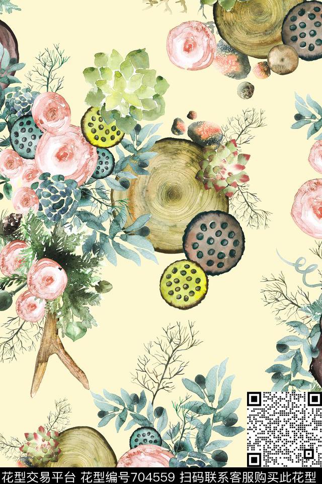 手绘水彩花卉小清新数码印花华亿平台下载（图片编号: 704559） - 瓦栏（Walan）