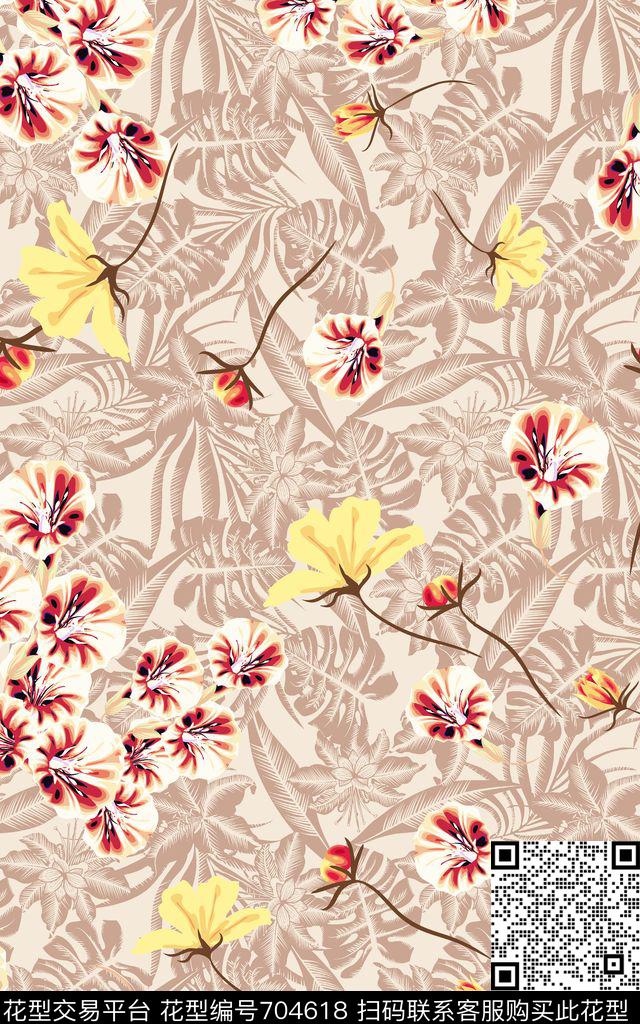 花朵花卉树叶数码印花华亿平台下载（图片编号: 704618） - 瓦栏（Walan）