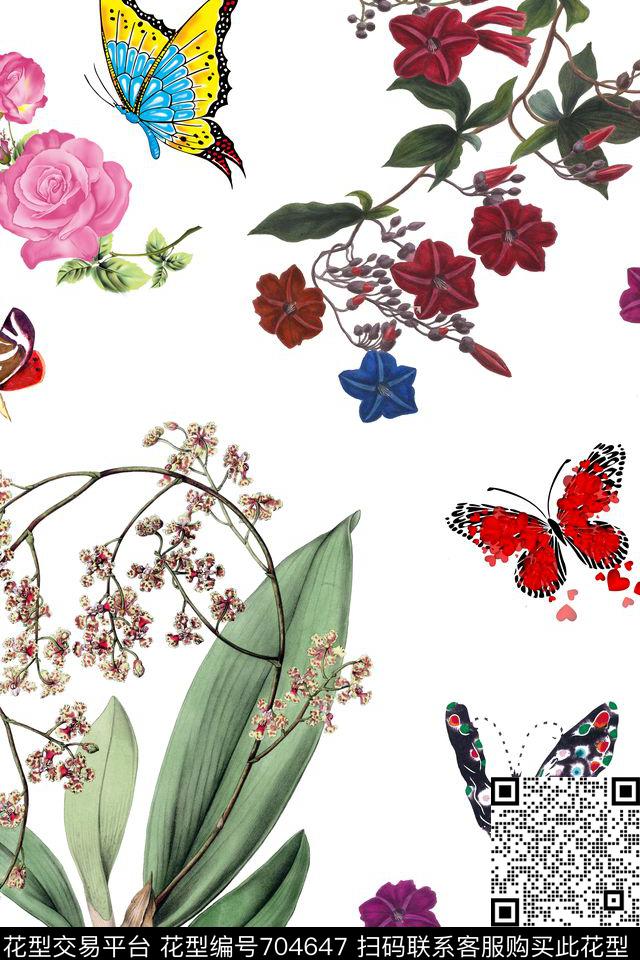 蝴蝶玫瑰花卉数码印花华亿平台下载（图片编号: 704647） - 瓦栏（Walan）