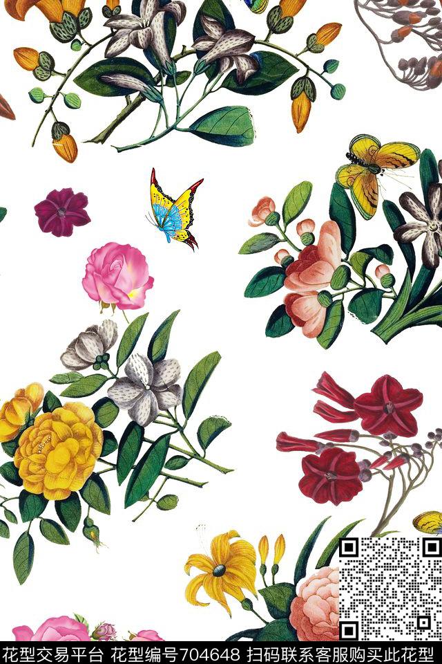 蝴蝶花朵花卉数码印花华亿平台下载（图片编号: 704648） - 瓦栏（Walan）