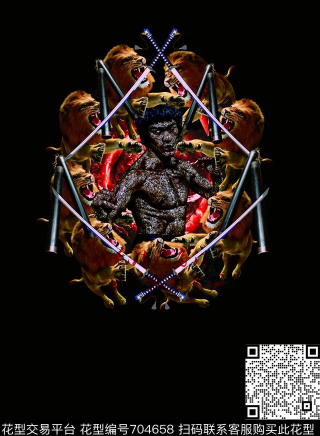 欧美潮牌男装T恤李小龙日本武士刀数码印花华亿平台下载（图片编号: 704658） - 瓦栏（Walan）