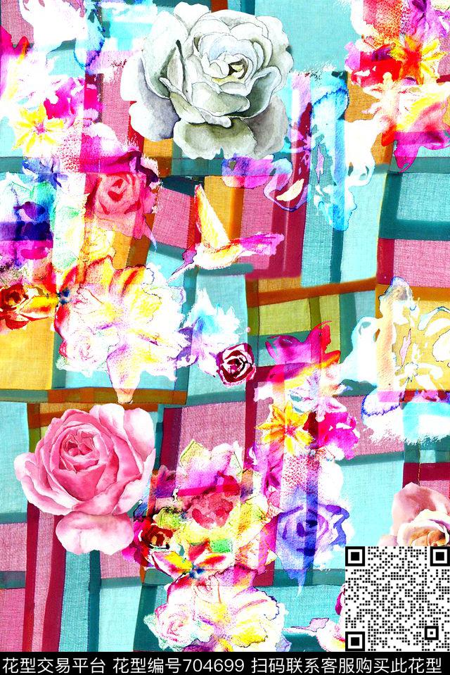 格子条纹织布底纹MAX-女装花卉手绘复古玫瑰花卉数码印花华亿平台下载（图片编号: 704699） - 瓦栏（Walan）