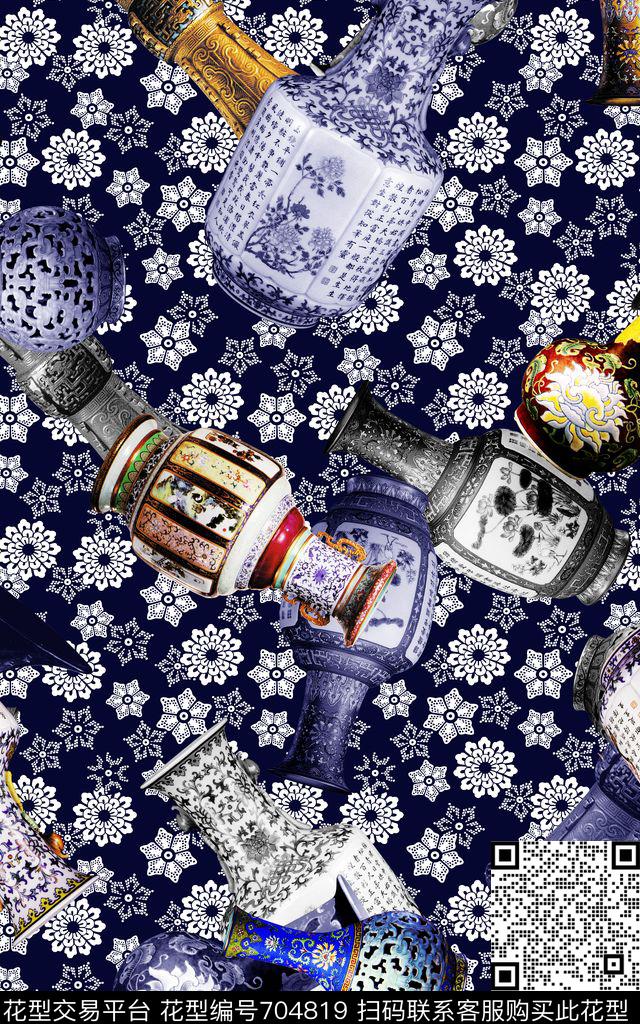 中国风瓷瓶青花瓷数码印花华亿平台下载（图片编号: 704819） - 瓦栏（Walan）