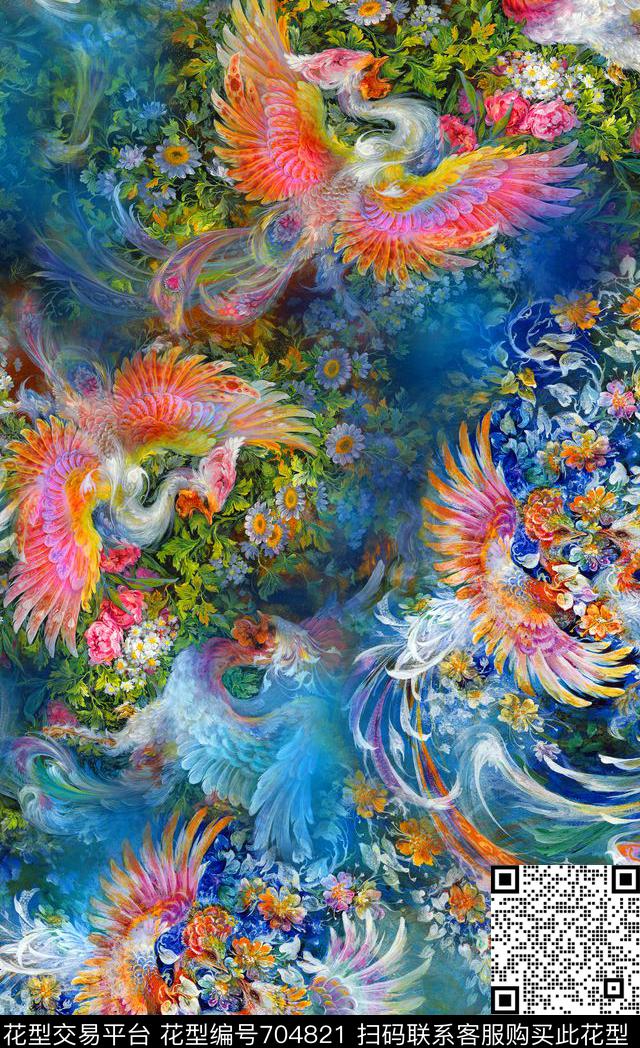 抽象孔雀凤凰数码印花华亿平台下载（图片编号: 704821） - 瓦栏（Walan）