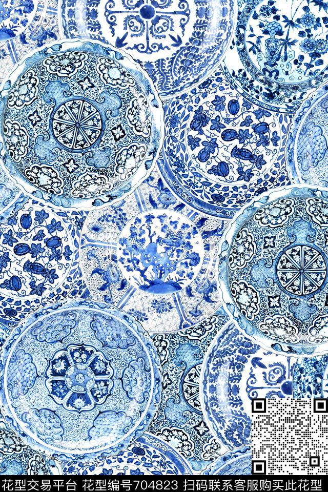 中国风青花瓷盘子数码印花华亿平台下载（图片编号: 704823） - 瓦栏（Walan）