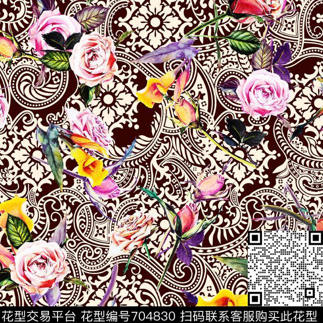 花朵手绘花卉传统花纹数码印花华亿平台下载（图片编号: 704830） - 瓦栏（Walan）