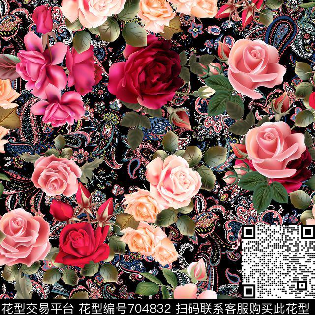 花朵大花卉玫瑰数码印花华亿平台下载（图片编号: 704832） - 瓦栏（Walan）