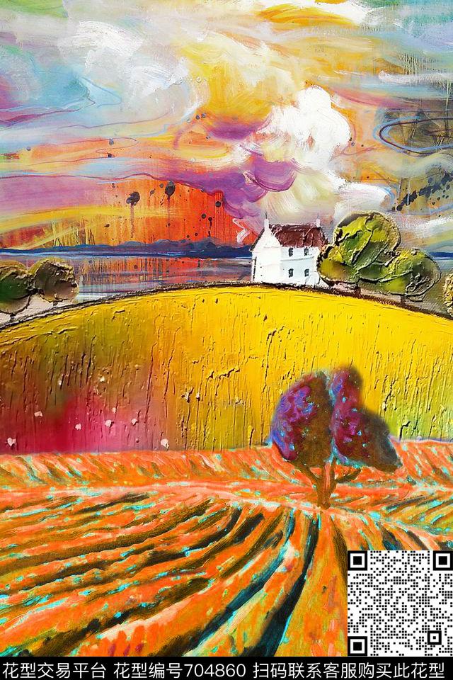 油画风景田园风彩色天空数码印花华亿平台下载（图片编号: 704860） - 瓦栏（Walan）