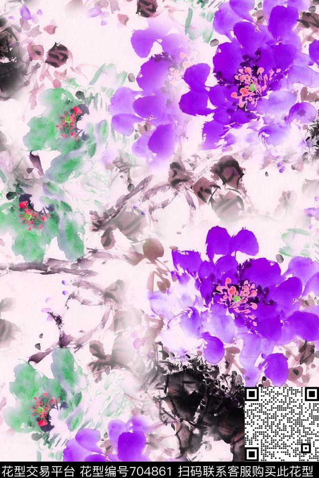 牡丹水墨国画数码印花华亿平台下载（图片编号: 704861） - 瓦栏（Walan）