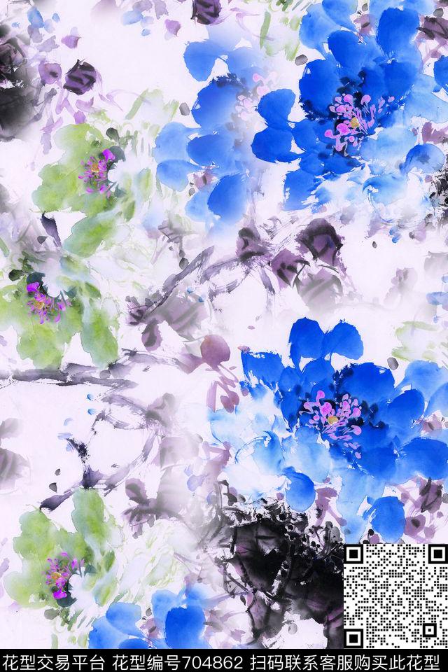 牡丹水墨国画数码印花华亿平台下载（图片编号: 704862） - 瓦栏（Walan）