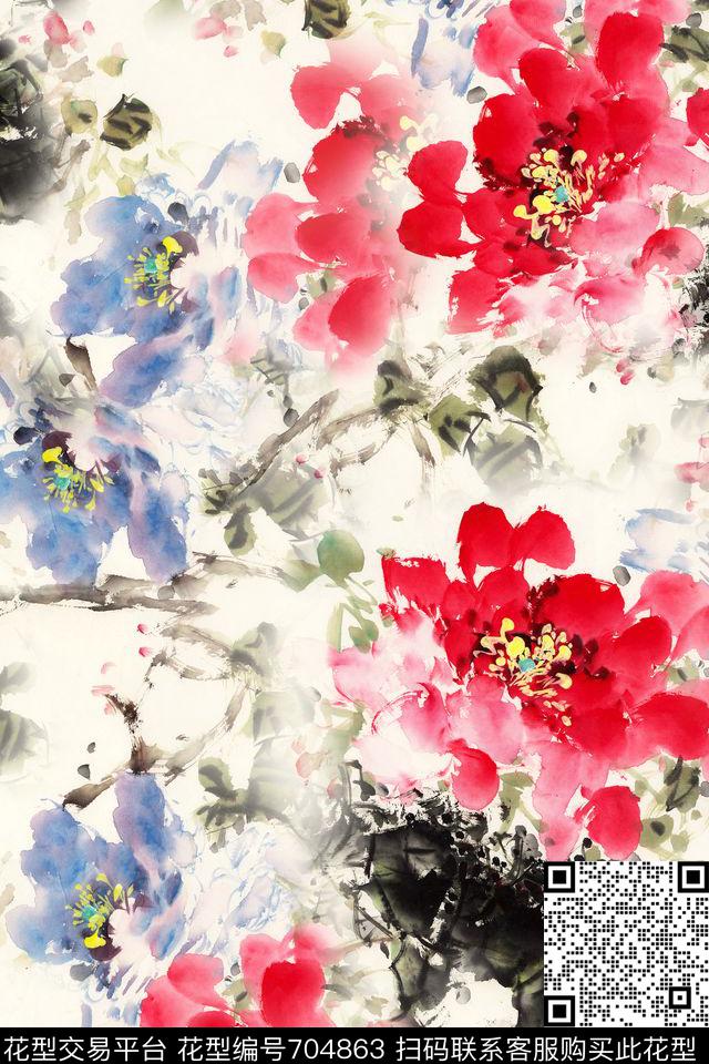 牡丹水墨国画数码印花华亿平台下载（图片编号: 704863） - 瓦栏（Walan）