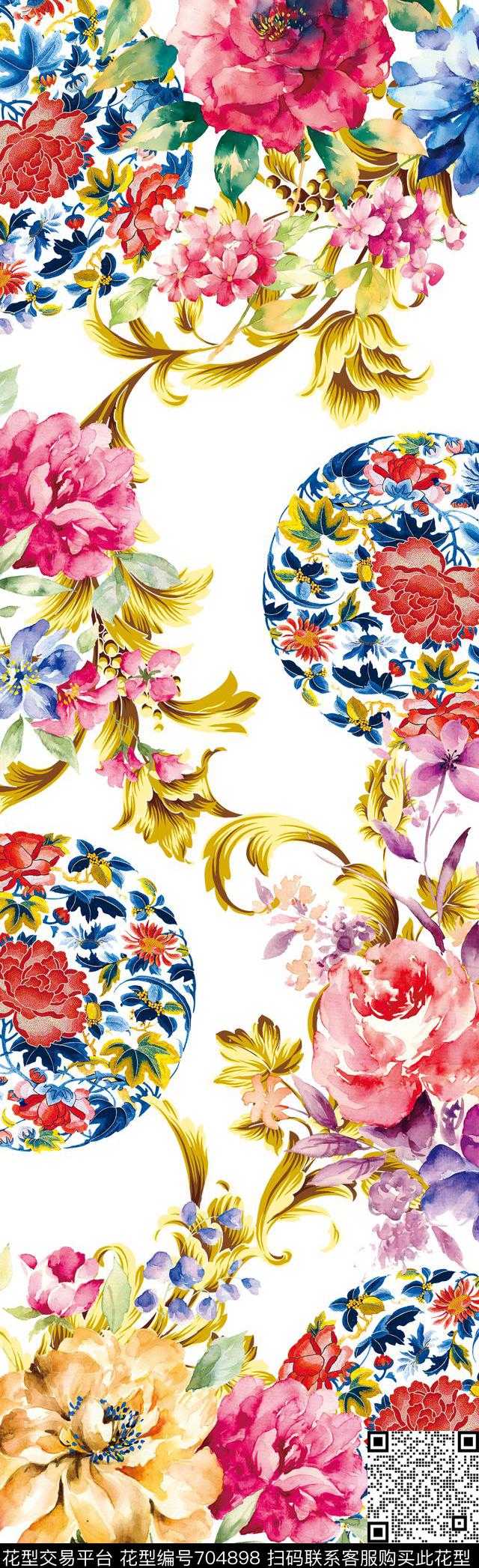 围巾牡丹玫瑰数码印花华亿平台下载（图片编号: 704898） - 瓦栏（Walan）