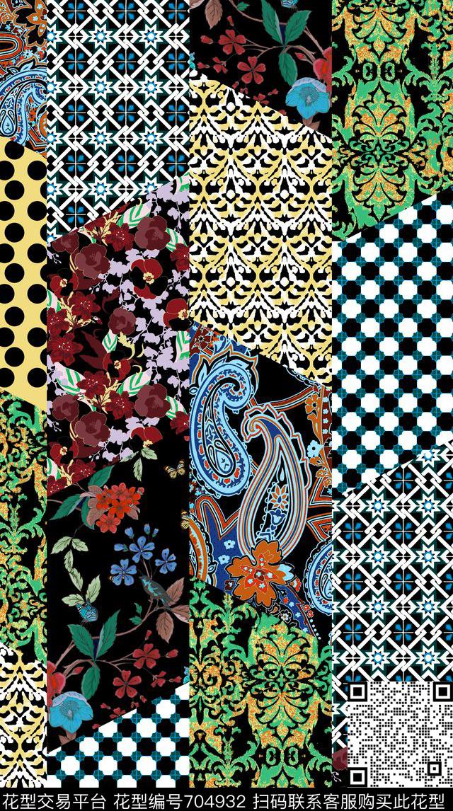 时尚拼接复古数码印花华亿平台下载（图片编号: 704932） - 瓦栏（Walan）