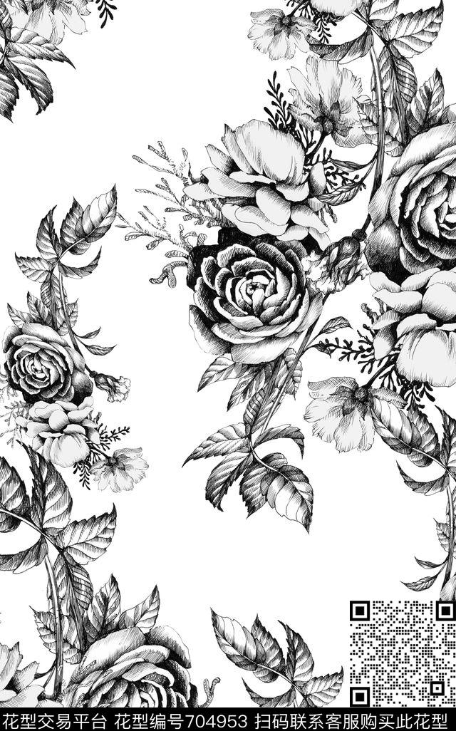 黑白线描玫瑰数码印花华亿平台下载（图片编号: 704953） - 瓦栏（Walan）