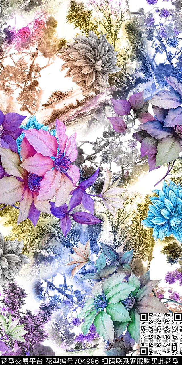 中国风国画水彩花卉数码印花华亿平台下载（图片编号: 704996） - 瓦栏（Walan）
