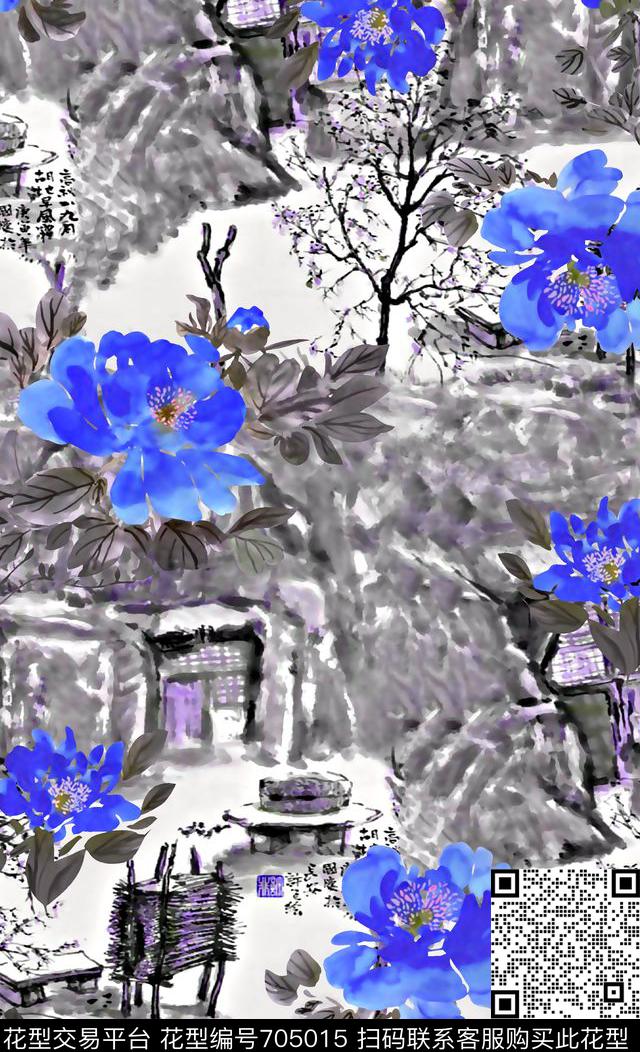 抽象手绘满版花卉草木最新高清数码水彩花卉中国风民族风水墨画数码印花华亿平台下载（图片编号: 705015） - 瓦栏（Walan）
