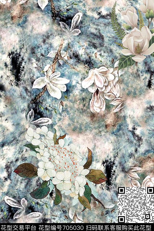 抽象手绘复古花卉数码印花时尚潮流女装印花沙发布窗帘印花数码印花华亿平台下载（图片编号: 705030） - 瓦栏（Walan）