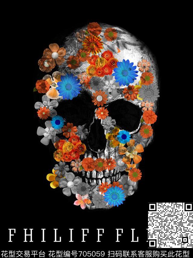 骷髅头抽象花卉数码印花华亿平台下载（图片编号: 705059） - 瓦栏（Walan）