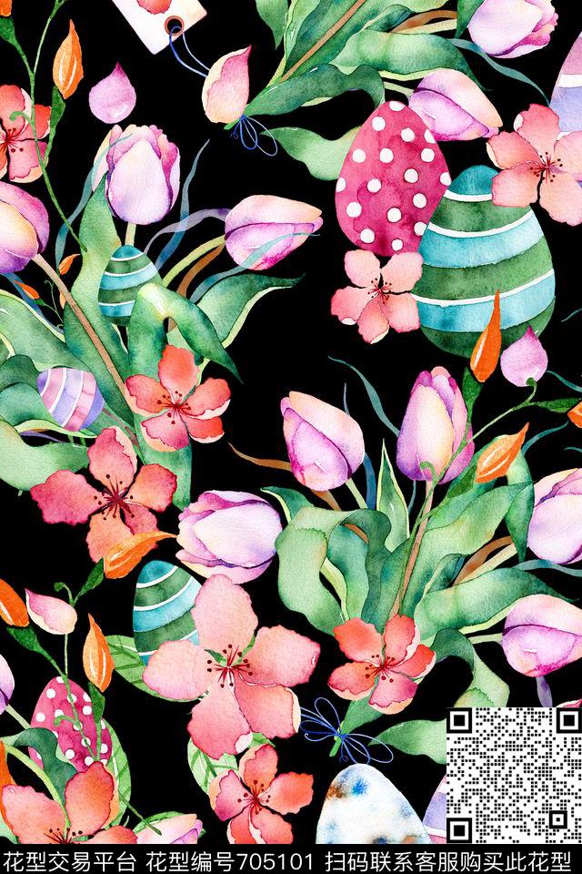 手绘水彩花卉彩蛋数码印花华亿平台下载（图片编号: 705101） - 瓦栏（Walan）