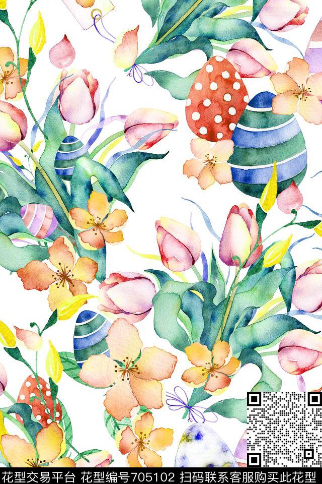 手绘水彩花卉彩蛋数码印花华亿平台下载（图片编号: 705102） - 瓦栏（Walan）