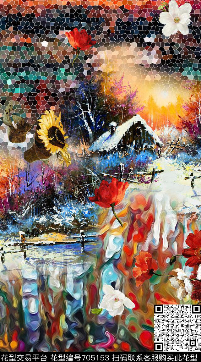 肌理油画风景数码印花华亿平台下载（图片编号: 705153） - 瓦栏（Walan）