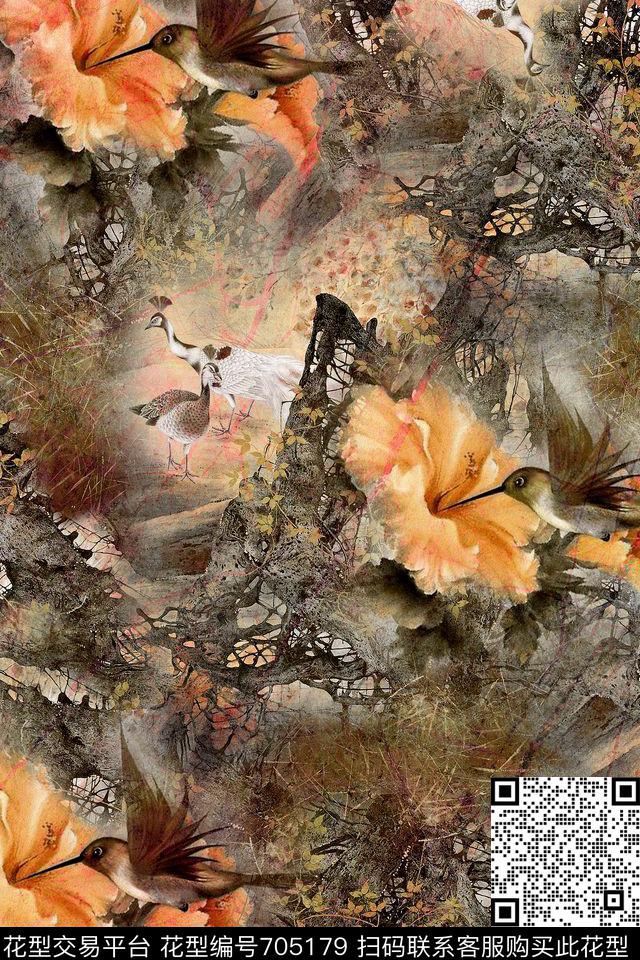 山涧草丛孔雀水墨花鸟数码印花华亿平台下载（图片编号: 705179） - 瓦栏（Walan）