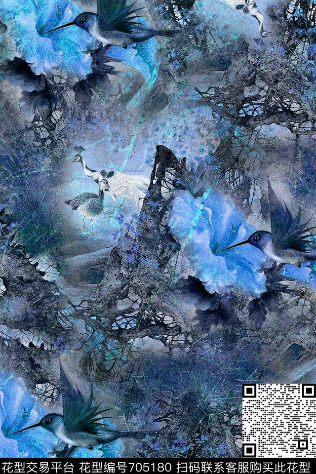 山涧草丛孔雀水墨花鸟数码印花华亿平台下载（图片编号: 705180） - 瓦栏（Walan）