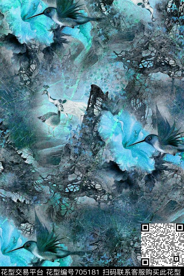 山涧草丛孔雀水墨花鸟数码印花华亿平台下载（图片编号: 705181） - 瓦栏（Walan）