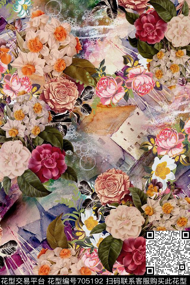 牡丹大花油画花卉数码印花华亿平台下载（图片编号: 705192） - 瓦栏（Walan）